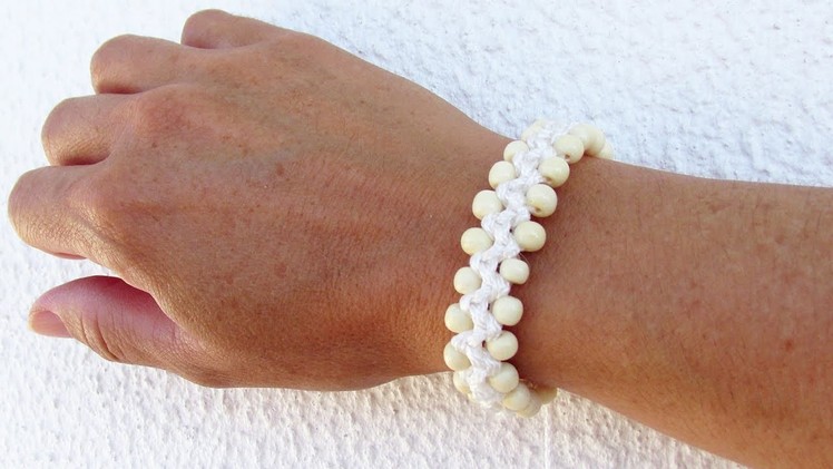 How to make a white macrame bracelet with sliding knot and beads - #122