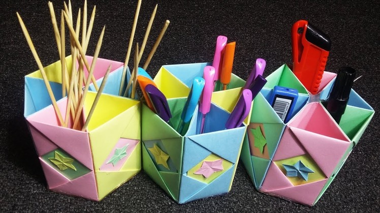 How to Make Hexagonal Paper Pen Pencil Holder | Make Your Own Pen Holder|  Easy origami pen holders.