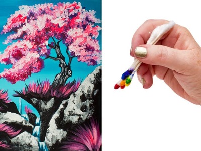 How to paint a Simple Cherry Tree Waterfall using Q-Tips The ART SHERPA ????????