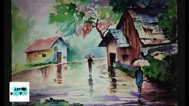Rainy season drawing with Watercolor | how to draw scenery of rainy season step by step | Landscape