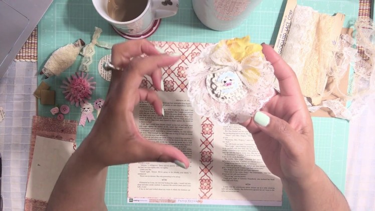 DIY - Old Book Pages & Lace -Trim Ruffled Circle Embellishments - For Scrapbook or Junk Journal