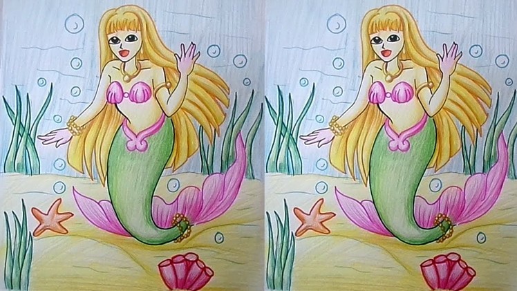 How to Draw and Coloring a Mermaid for Children - Step by Step in Easy Method | Learn Drawing
