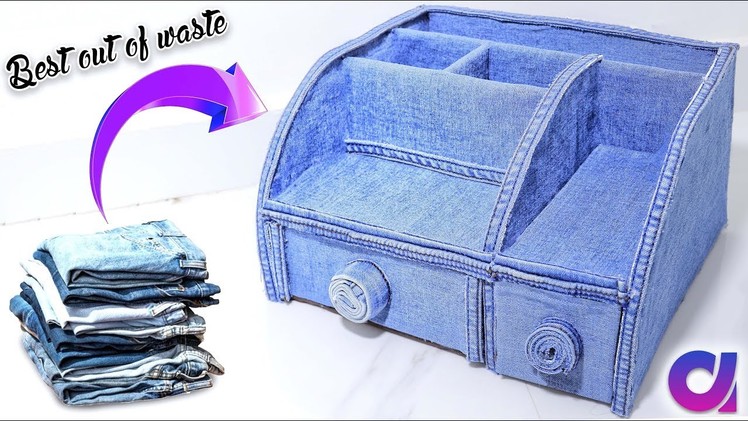 Old Jeans Recycling | How to make a Stationery.Desk Organizer | Best out of waste | Artkala 259