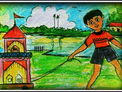 Pastel painting for kids || Oil Pastel || How to Draw Village Child pulling Rath
