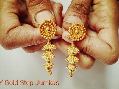 How To Make Designer Earrings. DIY Gold Step Jumkas. How To Make Paper earrings at home