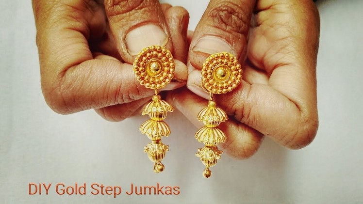 How To Make Designer Earrings. DIY Gold Step Jumkas. How To Make Paper earrings at home