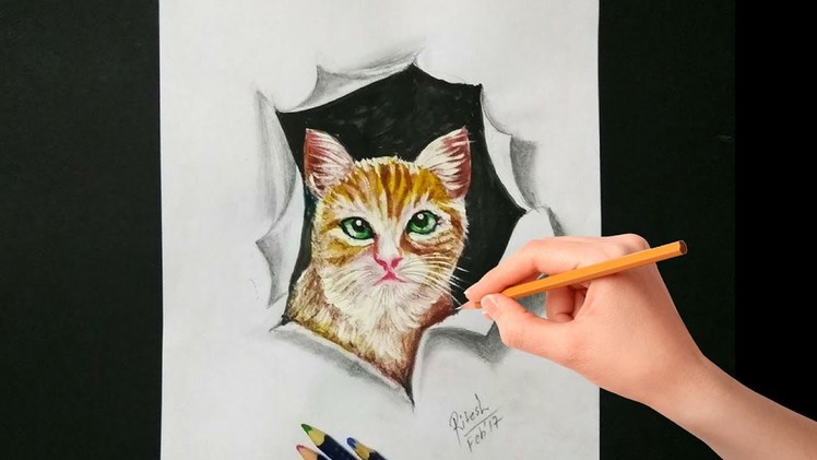 Cool 3d illusion art | Drawing 3D cat on paper | 3D Drawing tutorial for kids