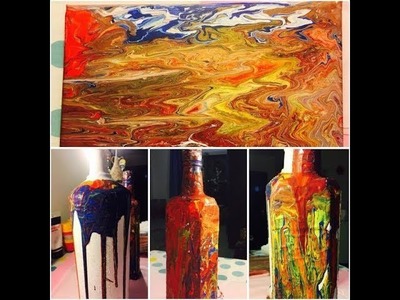 DIY Painting bottle and canvas with acrylic pouring method.