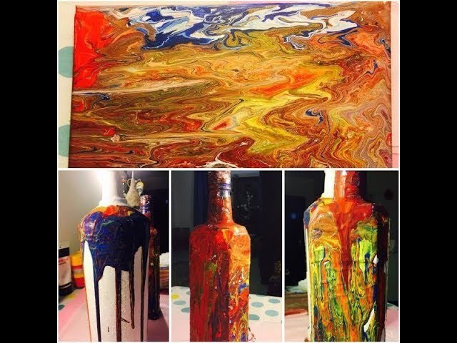 DIY Painting bottle and canvas with acrylic pouring method.