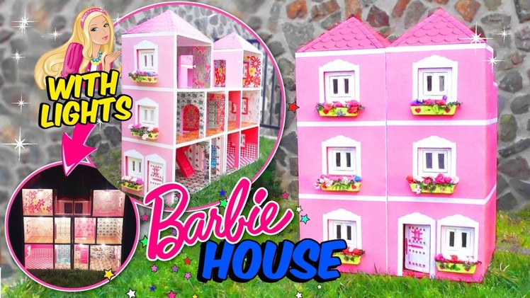 BARBIE DOLLHOUSE MADE WITH CARDBOARD BOX WITH LIGHTS - CRAFTS FOR KIDS DIY