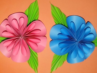Diy Blue And Pink Paper Flower With Green leaves DIY Easily