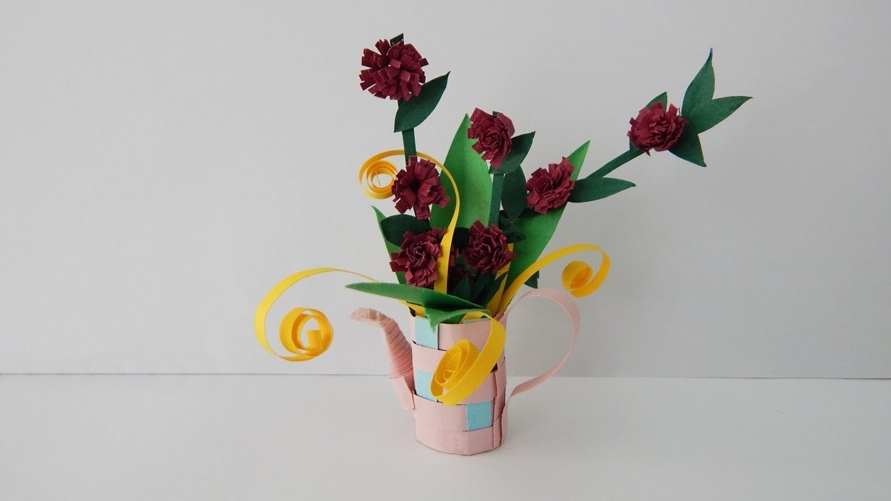 Decoration miniature watering can with quilling flowers DIY papercraft
