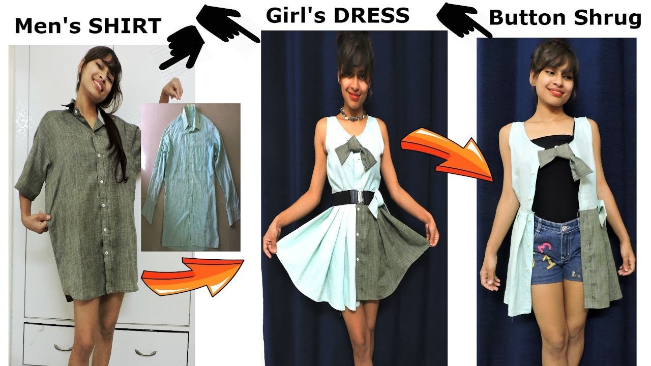 DIY: Convert. Reuse Mens SHIRT into Girls DRESS. BUTTON SHRUG