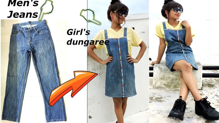 DIY: Convert.Reuse old Men's Jeans into girls DUNGAREE DRESS. DUNGAREE SKIRT