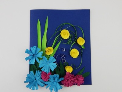 Greeting card with quilling flowers, grasses, leaves DIY papercraft Scrapbooking Invitation card