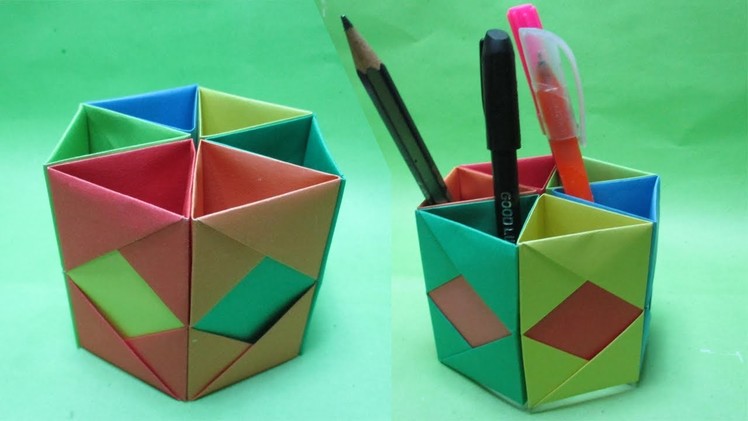 How to make hexagonal paper pen pencil holder.Origami Pen Holder#2.Hexagonal Pen Holder