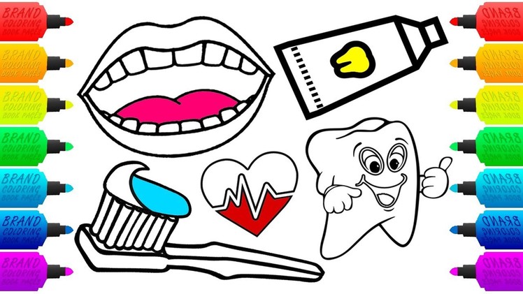 How To Draw Baby Dental Care Coloring Book Rainbow teeth, lips, toothbrush, toothpaste Art colours