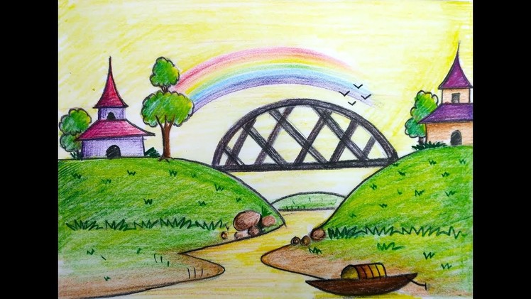 How to draw colorful scenery with rainbow for kids (landscape) step by step
