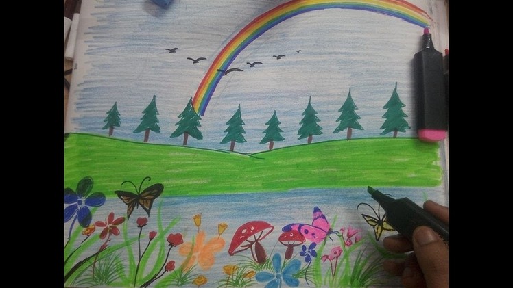 How to draw natural scenery. rainbow scene