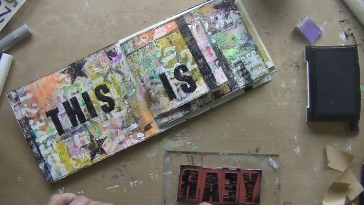 Art journal page in handmade journal. mixed media promptcards