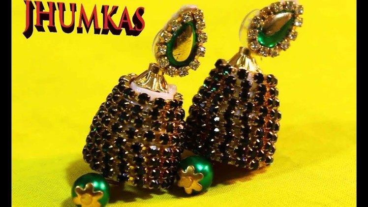 DIY how to make Jhumkas | Chevi Buttalu Designs | Latest fashion Earrings green stones | JHUMKAS