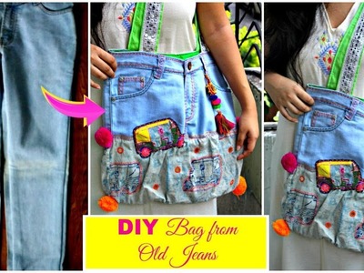 DIY bag from Old jeans | Recycle Old Denims || Pompoms & Tassels