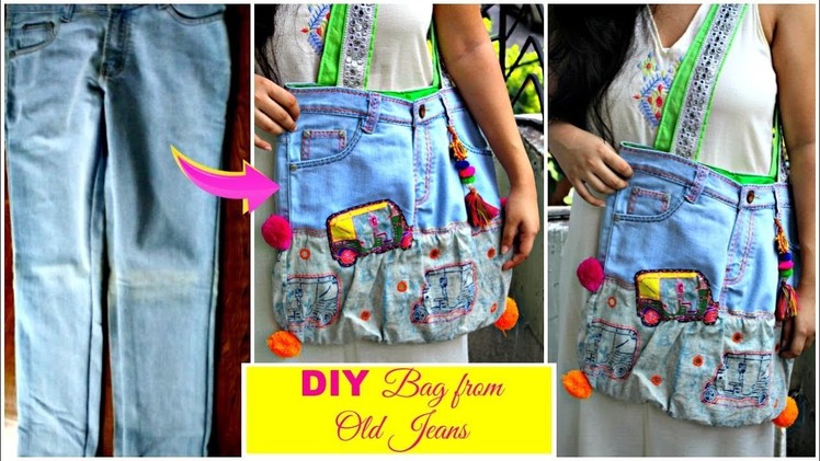 DIY bag from Old jeans | Recycle Old Denims || Pompoms & Tassels