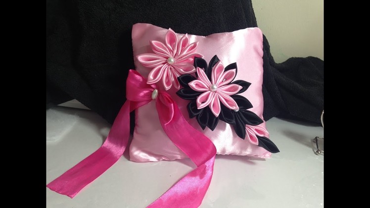 DIY the most beautiful wedding cushion.princess cushion in pink and black with kanzashi flowers