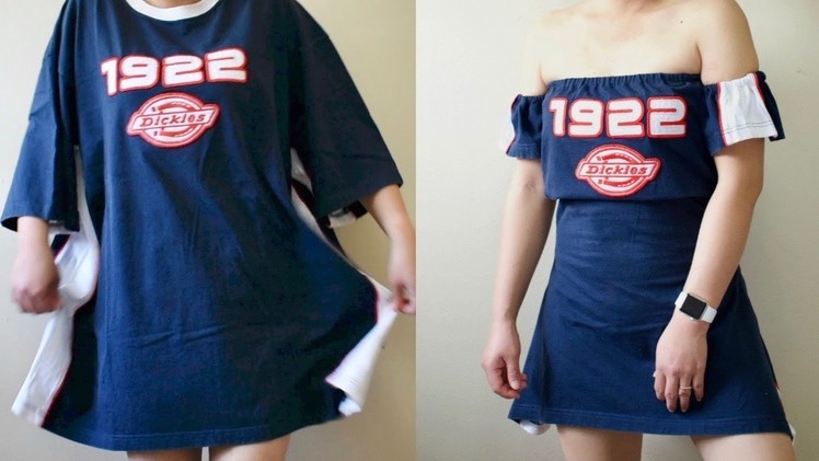 UpCycle DIY LARGE TSHIRT TO OFF THE SHOULDER DRESS. Men's Tshirt Transformation turned Dress