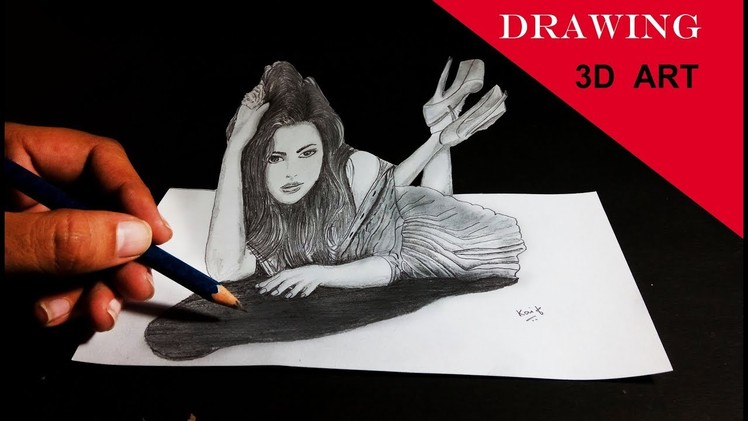 3D Girl Drawing illusion on Paper - Kaif Sketch