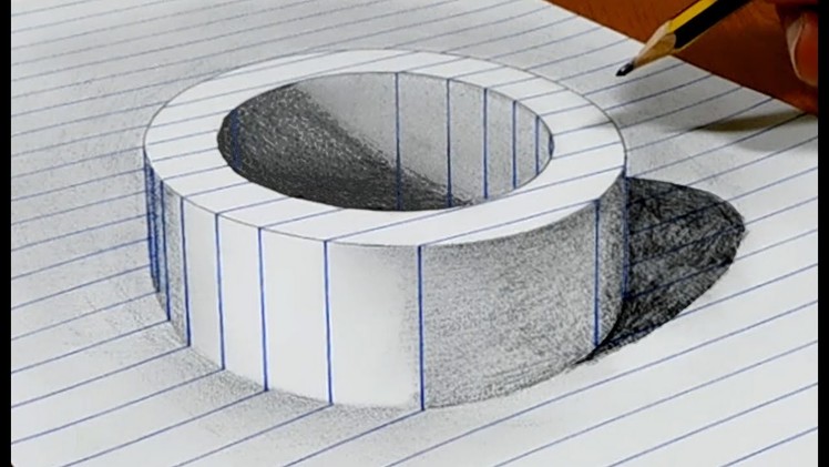 3D Trick Art, Draw a Round Hole in Line Paper with Graphite Pencil