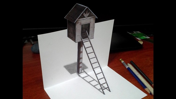 Drawing a 3d Little House with Stairs - 3D Trick Art