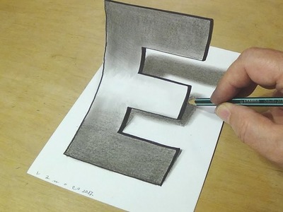 Easy Trick Art Drawing - How to Draw 3D Letter E - Anamorphic Illusion with Charcoal Pencil