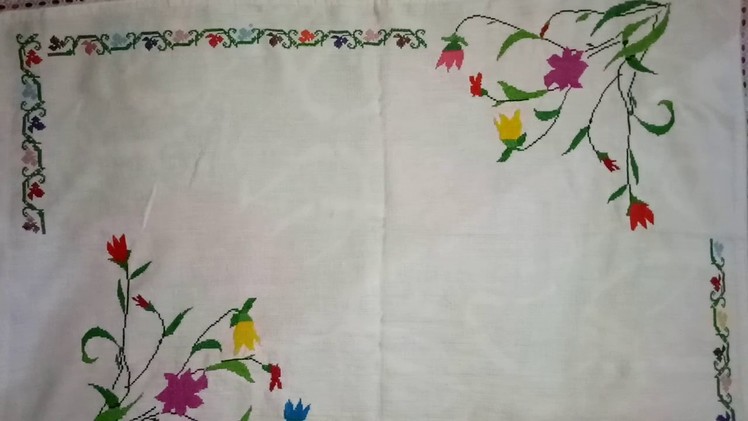 Hand Embroidery : Cross stitch work on tea-table cloth