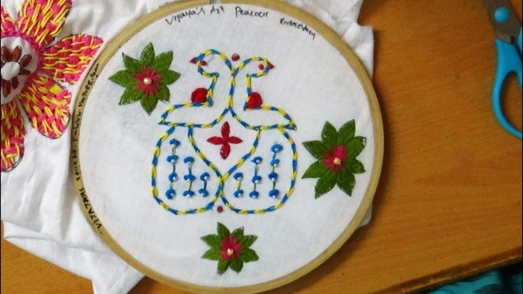 Hand Embroidery designs -  Embroidery peacock design with checkered chain stitch
