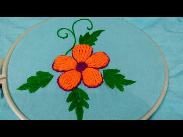 Hand embroidery flower and leaves with raised stem stitch begginer friendly