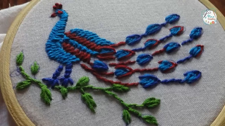 Hand Embroidery Peacock Design # 11- Herringbone & Rumanian stitch by Maa Creative.