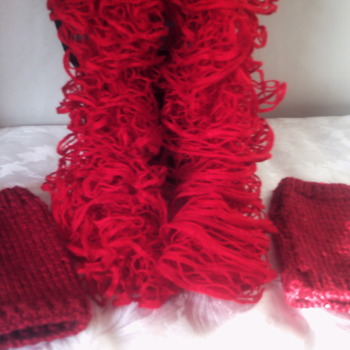 Ladies hand crafted frilly scarf & wrist warmers set