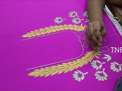Simple maggam work blouse designs | hand embroidery mirror work | aari work blouse designs tutorial