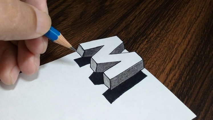 Very Easy !! How To Draw 3D Floating Letter 'M' - Anamorphic Illusion On Paper