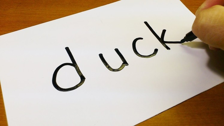 Very Easy ! How to turn words DUCK into a Cartoon for kids -  How to draw doodle art on paper