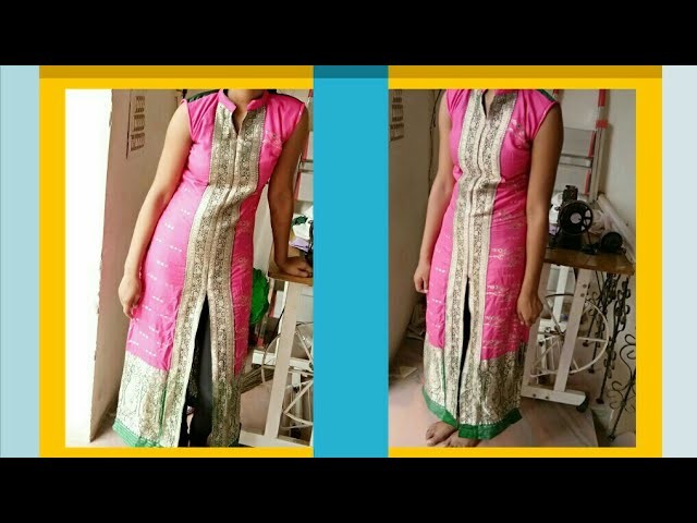 DIY. Party wear long kurta cutting and stitching front open with collar