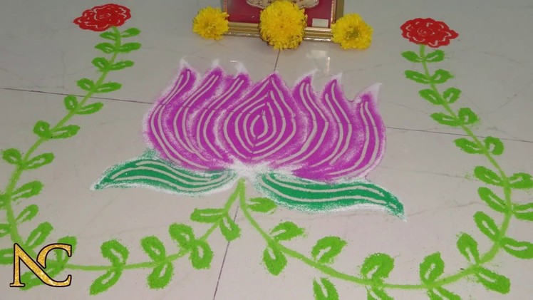 Easy Lotus Rangoli design with colour | innovative rangoli design | Nali craft