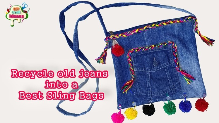 Recycle old jeans into a Best Sling Bags II DIY Craft Ideas  - DIY: No-Sew Backpack from Old Jeans