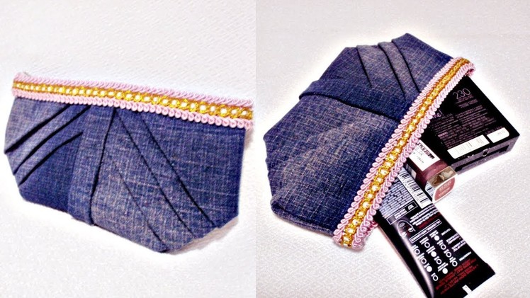 DIY No Sew Pleated Pouch Out of Old Jeans