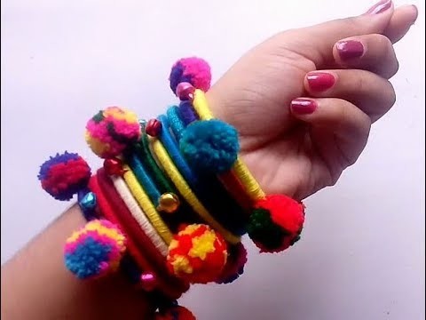 How to make pom poms bangles with cotton threads step by step.recycle old bangles into new