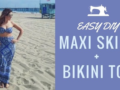 How to sew a high waisted maxi skirt + twisted bandeau bikini top (EASY)