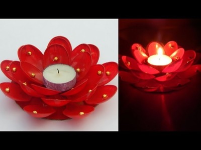 Diwali home decoration ideas.How to decorate diwali candles from plastic spoons.diya decoration idea
