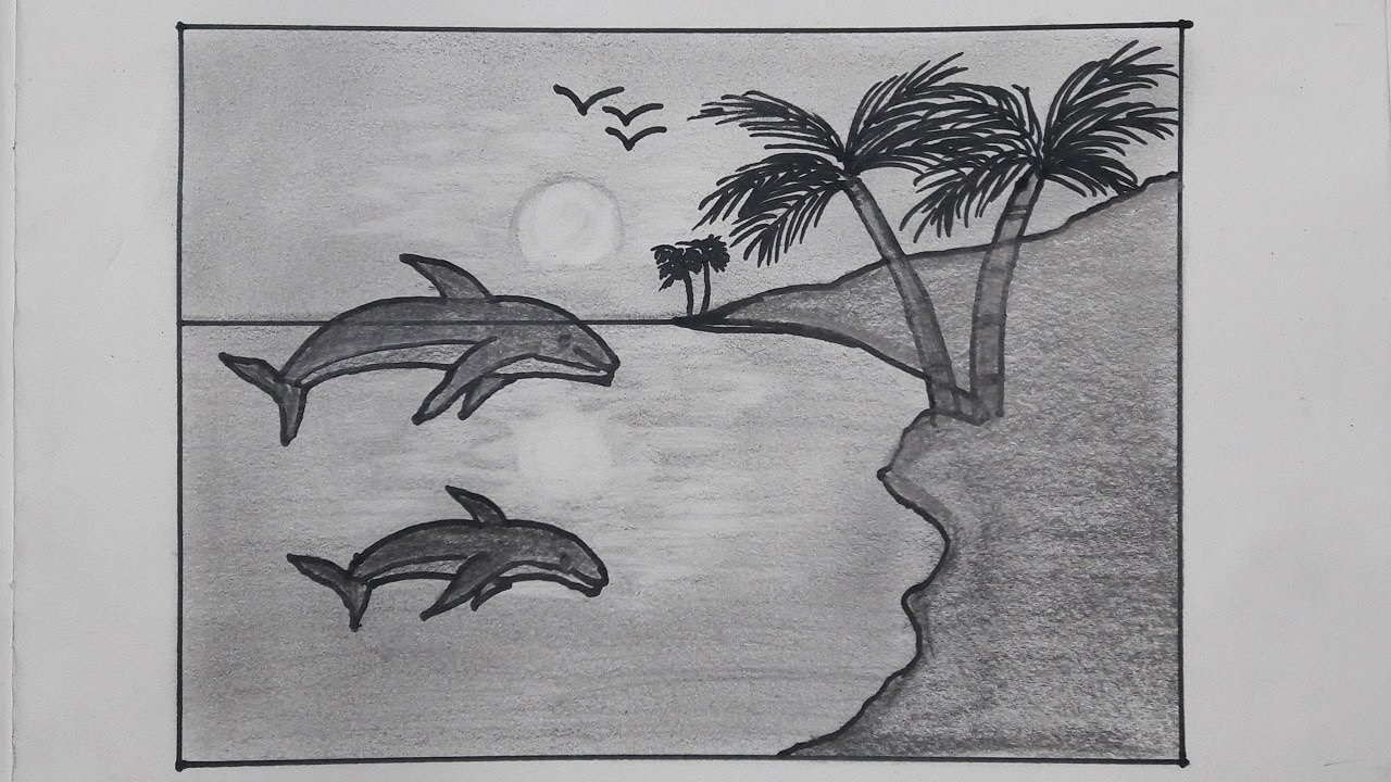 Pencil Drawing Of Natural Scenery Sunrise - bmp-tomfoolery