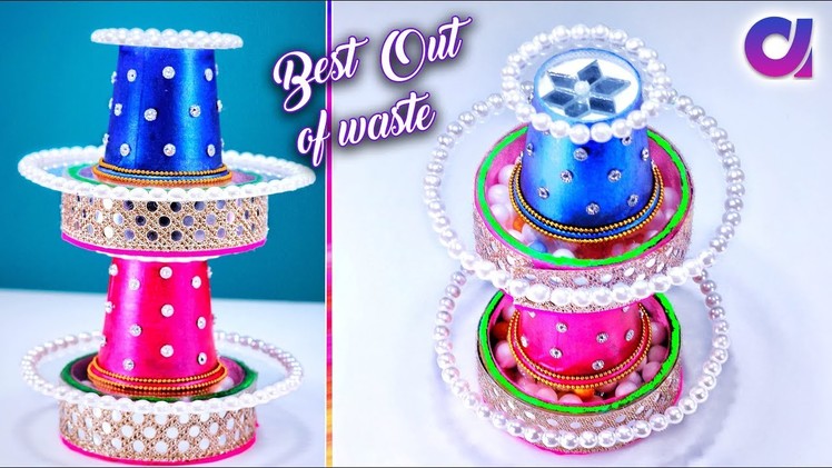 How to make beautiful diya stand from waste dipossal tea glass | Best out of waste | Artkala 302